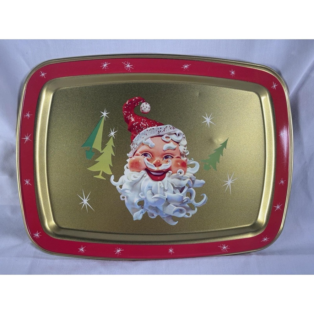 VTG Santa Tray Christmas Atomic Stars Holiday Metal Decorative Gold Retro 11x14